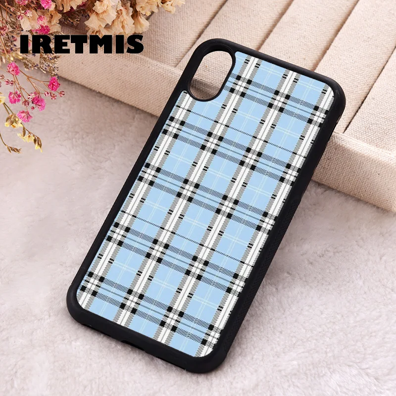 Iretmis Phone Cover Case For iPhone X XS Max XR 11 12 13 PRO MINI 14 15 16 Plus Rubber Silicone TPU Blue Plaid