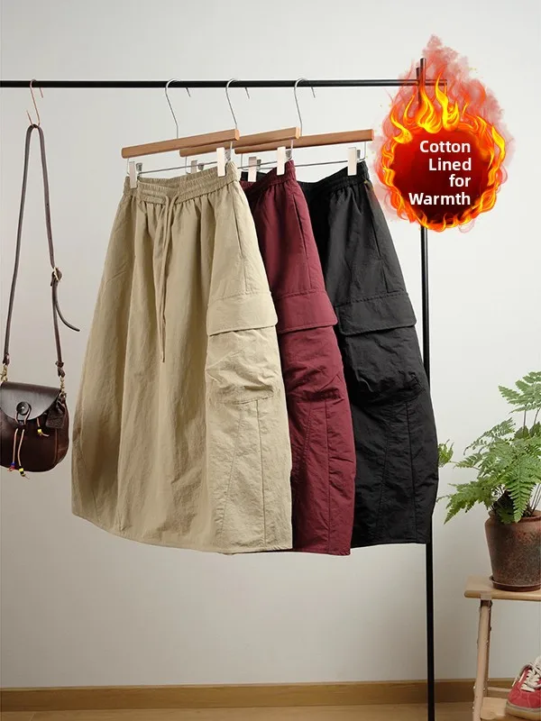 

Теплая хлопковая юбка длиной до пола с кетами, повседневная женская юбка трапециевидной формы больших размеров с эластичной резинкой на талии, утягивающая юбка средней длины