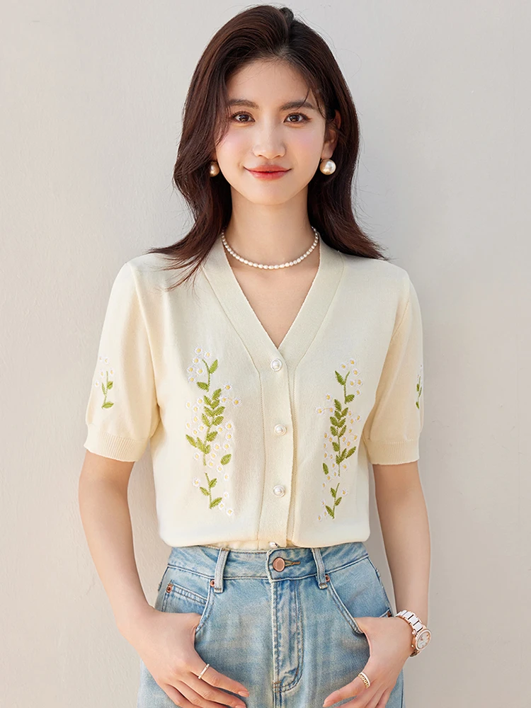 2024 Summer New Embroidery Knitted Cropped Cardigan Women V-neck Single Breasted Short Sleeve Sweater Casual Knitwear Tops