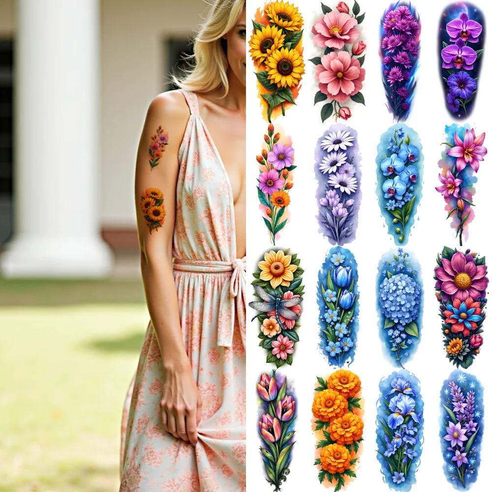

9pcs Temporary Tattoo Tulips Realistic Temporary Tattoos Lilies Hydrangeas Waterproof Long-lasting Body Stickers For Male