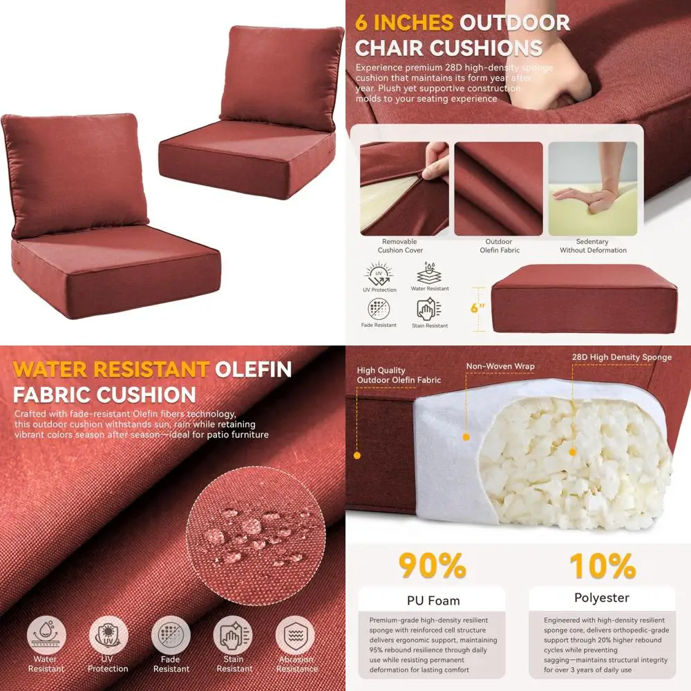 

UV and Water Resistant Outdoor Cushion Set for Patio Furniture with 6 Inch Thick Foam, 24x24 Inch Garden Cushions