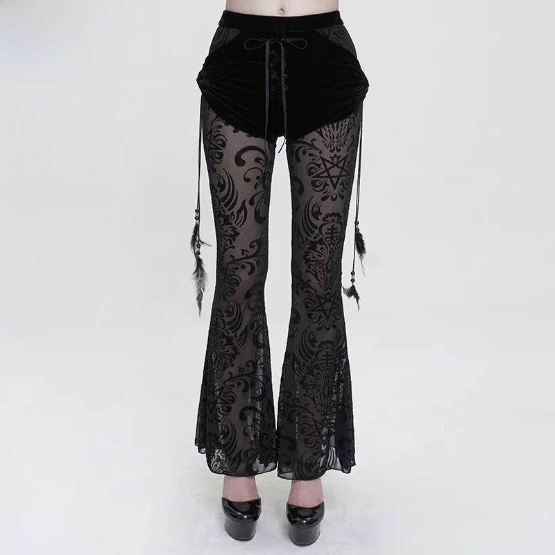 EVA LADY Sexy Gothic Style Long Pants Fake Two-Piece Velvet Net Flared Pants EPT012 Women's Fashion Bottom Wear Polyester Spa...