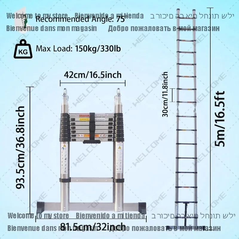 Escalera telescópica recta para el hogar, Marco A, resistente, de acero inoxidable, plegable, 2 en 1, extensión de 16,5 pies, 330lb/150kg, 5M