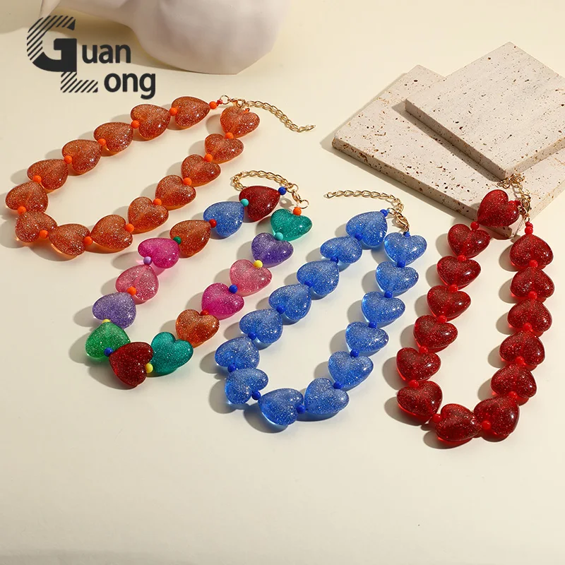 GuanLong Trendy Cute Transparent Resin Heart Beads Necklaces for Women Girls Beaded Chain Choker Necklace Simple Jewelry Party