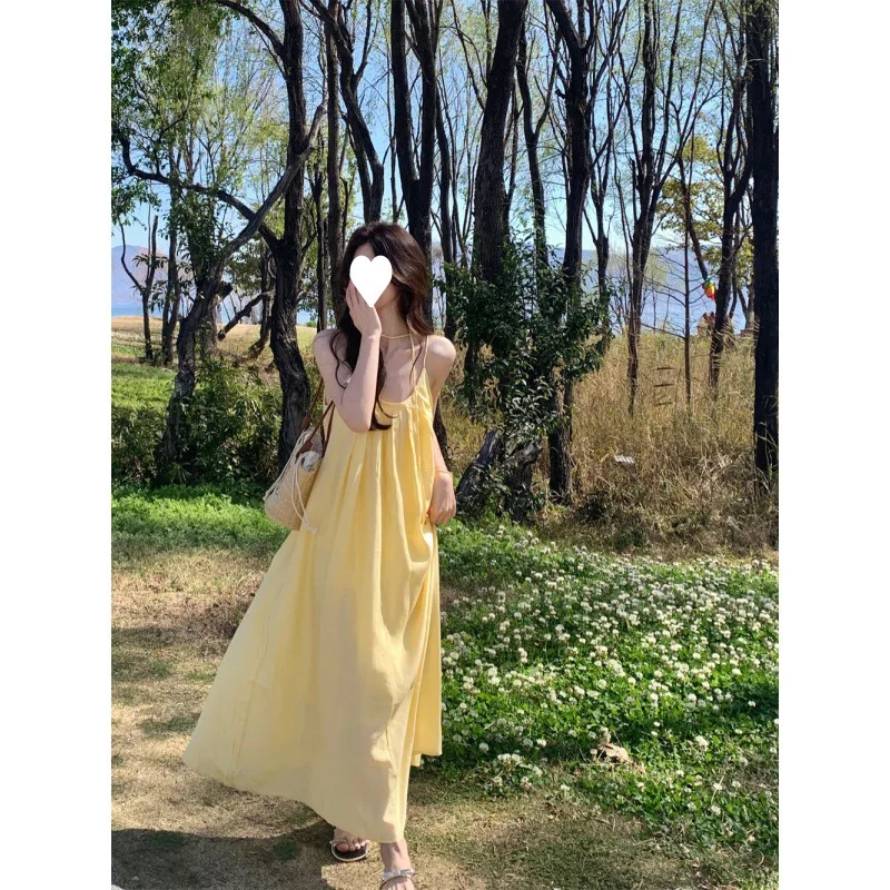 

French Yellow Suspender Dress Women's Summer Seaside Vacation Style Dress Loose A-line Skirt Long Skirt