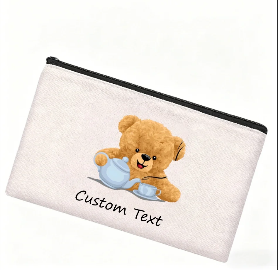 1PC Custom Text Tea Time Teddy Bear Cosmetic Pouch Cute Cartoon Bear Zipper Makeup Bag Personalized Canvas Storage Gift