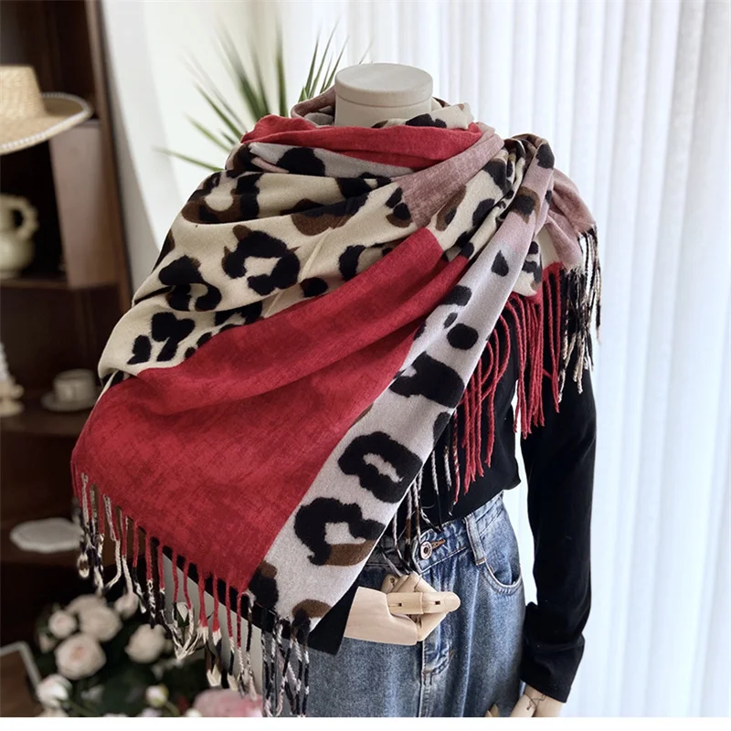 Stylish Faux Fur Leopard Print Wrap Shawl - Wraps & Pashminas - Soft, Warm, and Trendy Long Scarf with Fringe For Women Cashmere