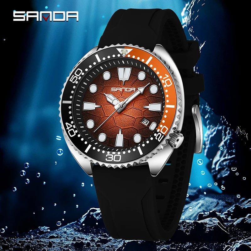 SANDA Fashion Trend Men's Quartz Watch Rotatable Bezel Luminous Calendar Waterproof Silicone Strap Casual Sport Man Watches