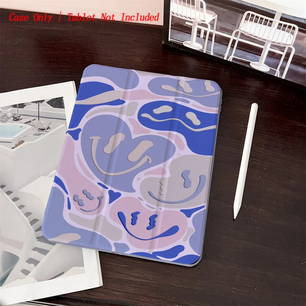 

360° Rotating Stand iPad Case - Tri-fold Cover Compatible with Air /Pro /mini .Purple Heart-shaped Smile Print. Anti-drop Shell.