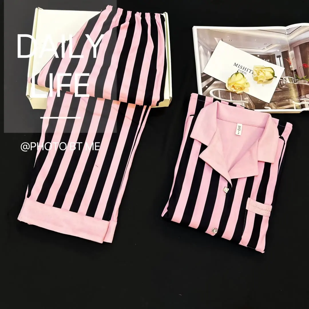 

New Winter Striped Pajamas Suit Women DE Velvet Sleepwear Long Sleeve Trousers Set Warm Thickened 2 PCS Nightwear Home Clothes