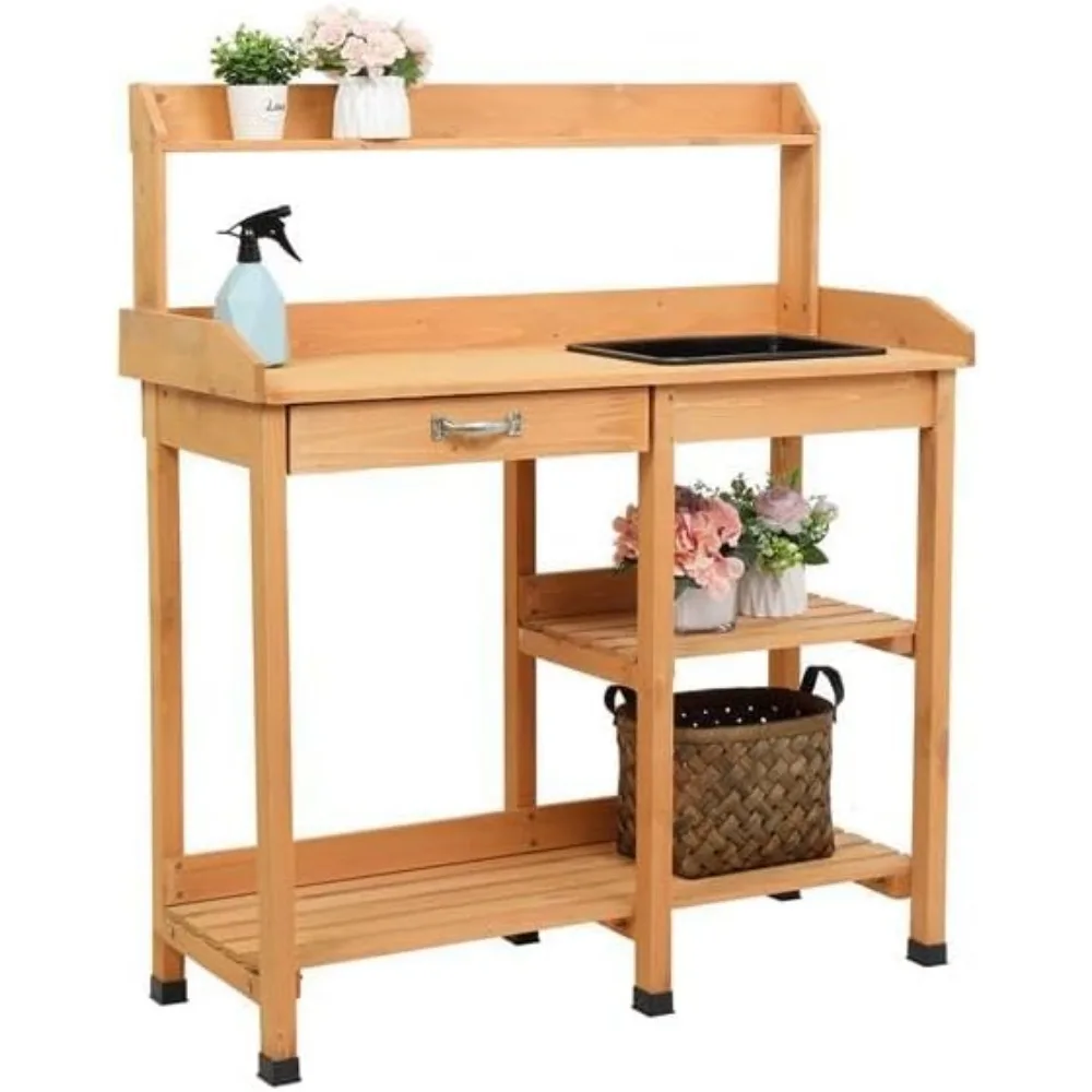 

Potting Benches Tables Garden Planting Wood Outdoor Work Station Table with Storage Shelf,Moisture Metal Flowers Pot Bench Heavy