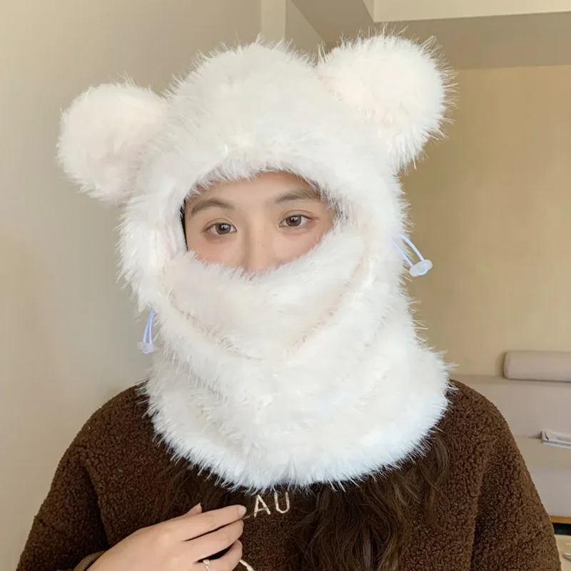 

Cute Bear Ear Winter Hat Women's Plush Integrated Casual All-Match Warmth Scarf Neck Covering Cap Fashionable Winter Accessory