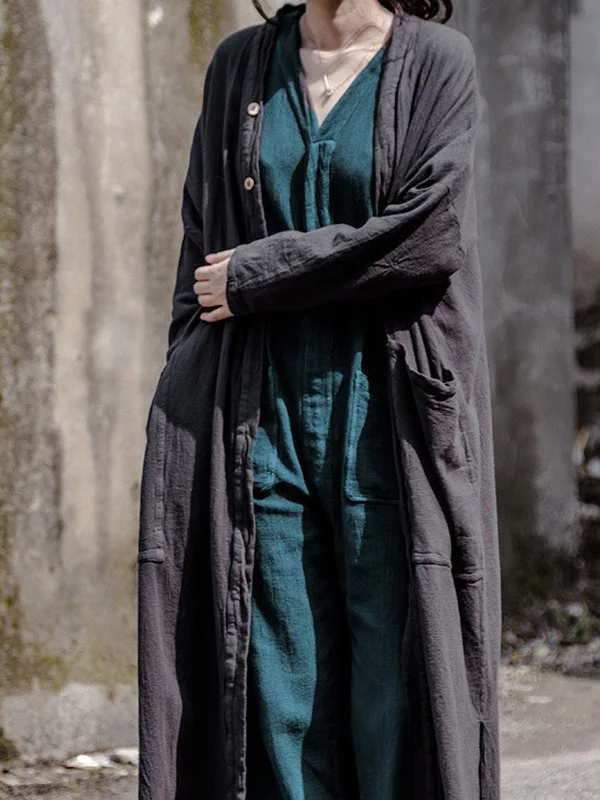 

Свободный хлопково-льняной плащ-накидка на весну-осень, новый, простой, в стиле дзен, удлиненный, с V-образным вырезом, на пуговицах, однотонный, для повседневной носки