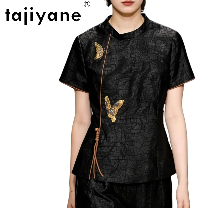 TAJIYANE 100% Mulberry Silk T Shirts for Women New Chinese Style T-shirt Elegant Summer Ladies Tops 2026 Woman Clothes Футболка