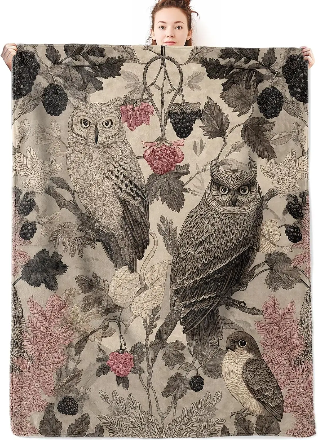 Woodland Owl Berry Fall Throw Blanket Cozy Forest Print Throw Rug Autumn Seasonal Decor Cottagecore Aesthetic Home Decor Gift