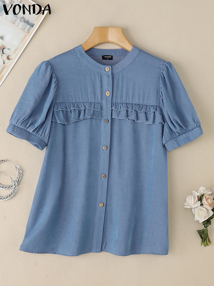

VONDA Summer Short Sleeve Women Shirt Fashion Ruffles Solid Color Tops Tee Streetwear Women's Clothing Tunic Oversize Blusas