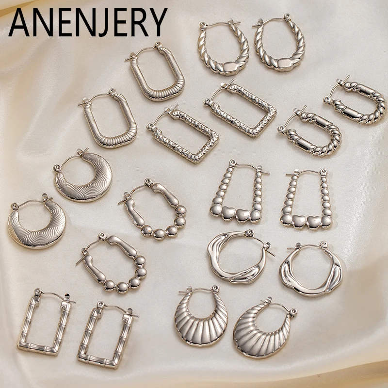ANENJERY 316L Stainless Steel Hollow U-shaped Irregular Texture Earrings for Women Special Niche Jewelry Gifts Wholesale