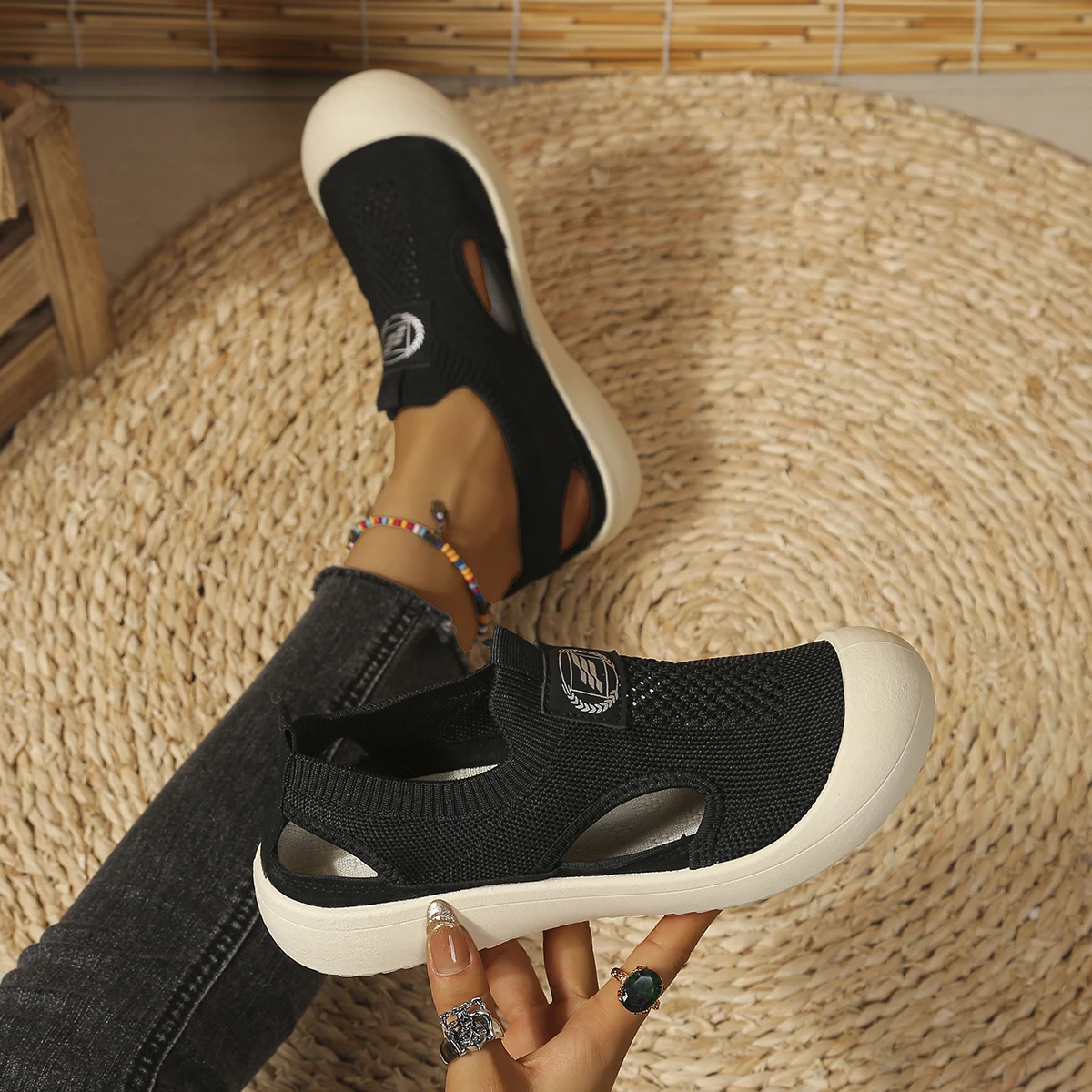 Ladies Knit Mesh Closed Toe Sling Back Sandals Lightweight Non Slip Wedge Heel Summer Casual Walking Footwear Free Shipping