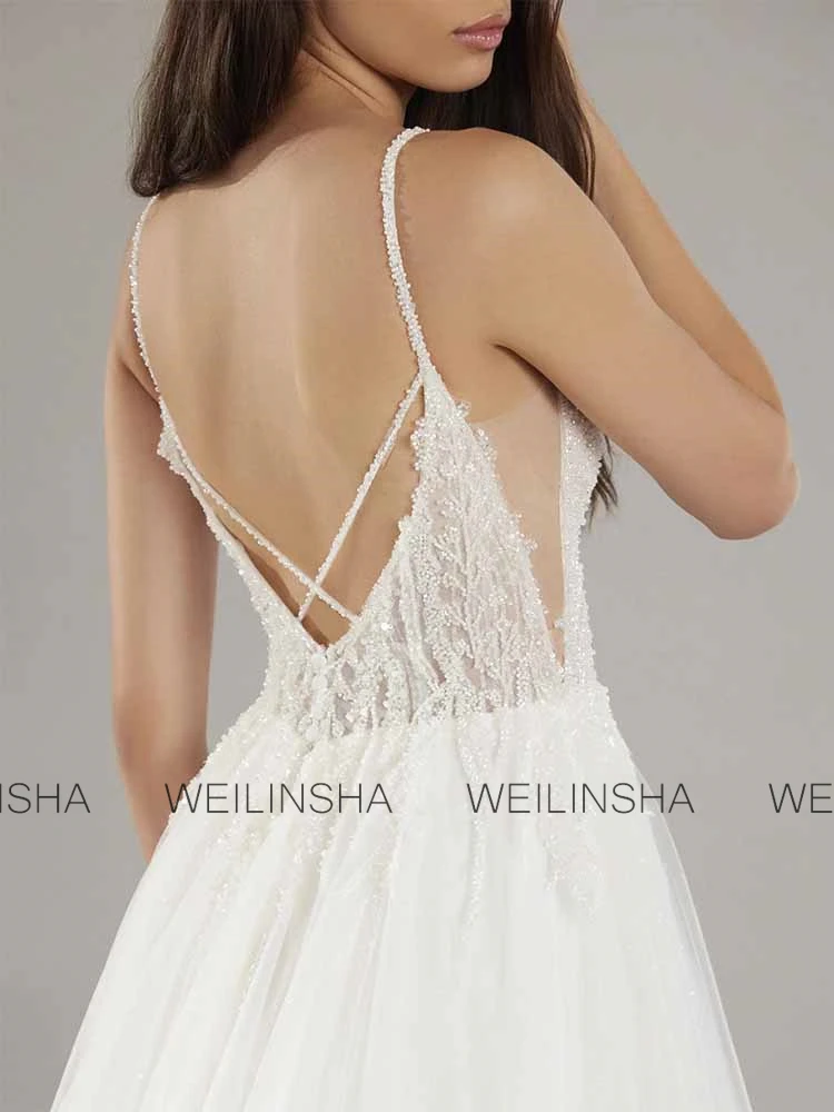 Romantic Church Wedding Dresses Tulle A-line Wedding Party Dresses Ivory Spaghetti Strap Beads Criss-Cross Wedding Dresses Women