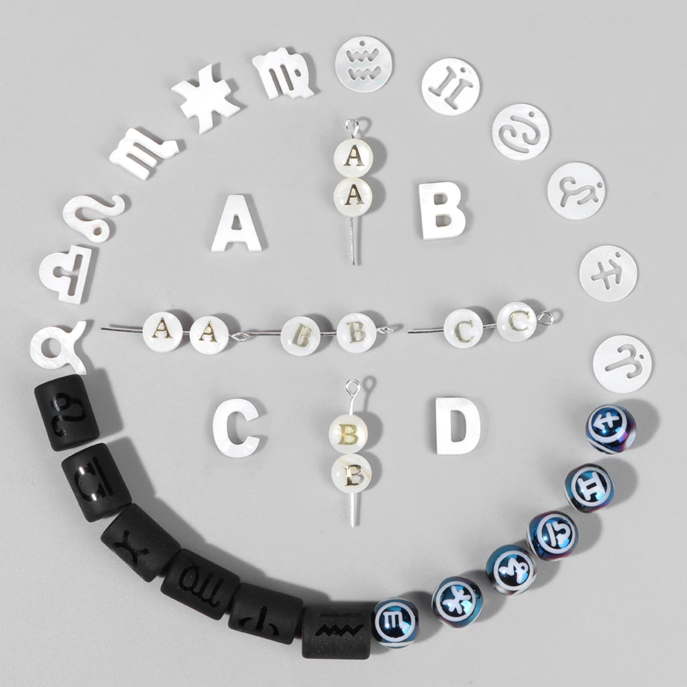 12 Zodiac Signs/26 Letters Set Multistyle Beads Constellation Shell Crystal Beads for Jewelry Making Handmade DIY Lovers Gift