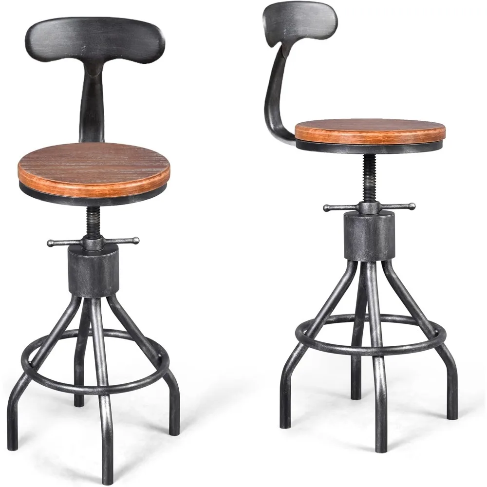 

Set Of 2 Rustic Industrial Bar Stool-24-30 Adjustable Metal Swivel Wooden Top Barstools-counter Height Extra Tall Bar Height-vi