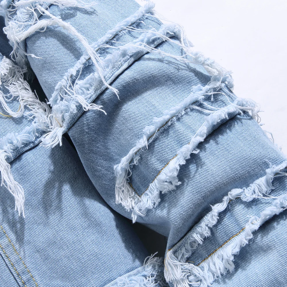Stylish Street Style Men Ripped Distressed Stacked Splicing Slim Denim Jacket High Quality Male Motorcycle Jacket Coat
