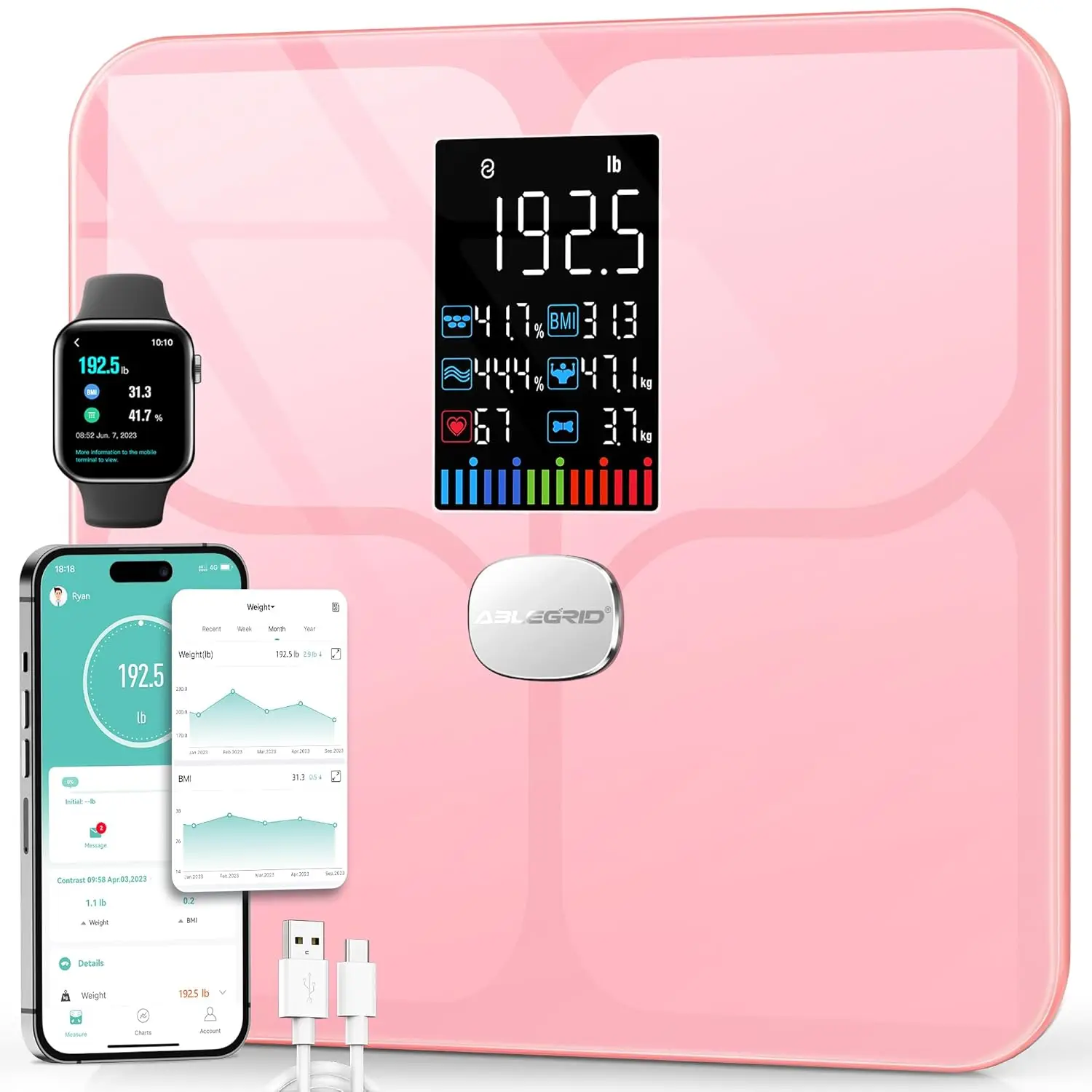 

Smart Bathroom Scale with Body Composition Analysis, Large Color Display, Heart Rate Monitor, Baby Mode, Rechargeable