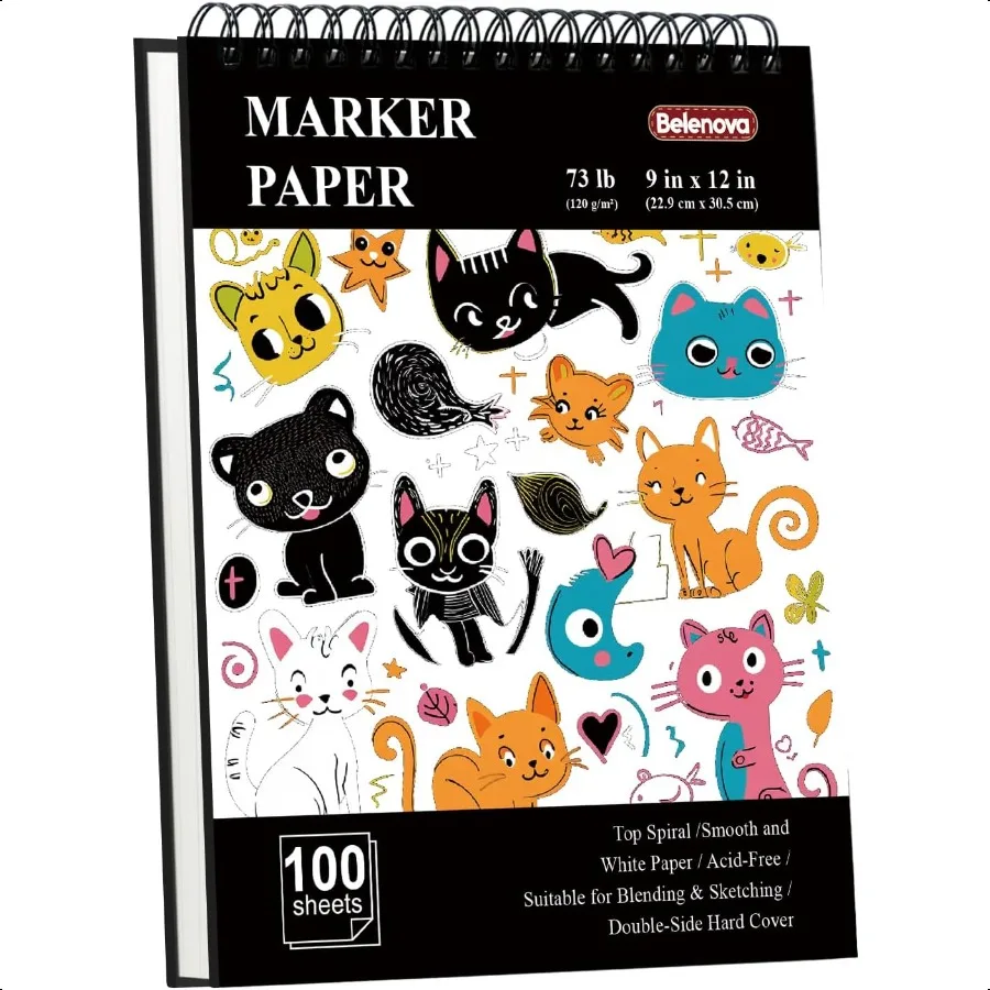

Belenova 9 x 12 Marker Paper Pad 100 Sheets Bleedproof Sketchbook for Alcohol Markers 73lb 120gsm Art plies for Drawing Colorin