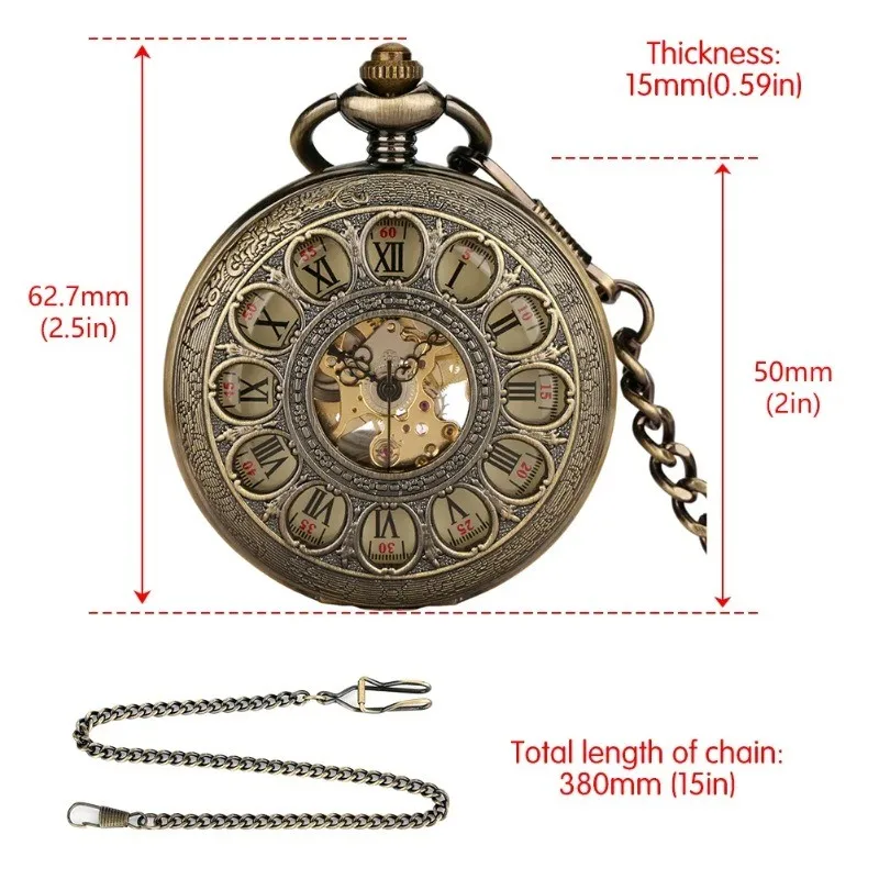 Transparent Hollow Roman Numerals Display Mechanical Pocket Watch Hand-Winding Luxury Vintage Pendant Chain Clock Gift Male