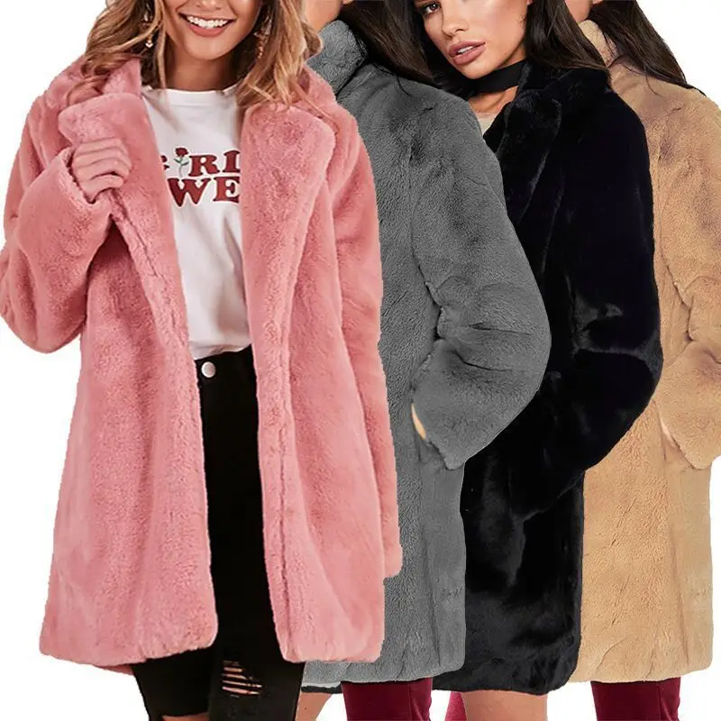 

Women's Faux Fur Coat Lapel Collar Long Sleeve Fluffy Jacket Winter Warm Outerwear Europe and America Style Overcoat Black Grey