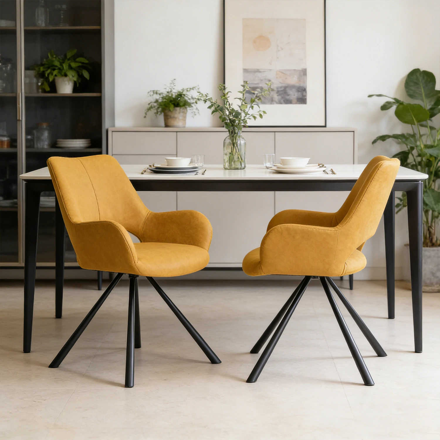 Juego de 2 sillas de comedor escandinavas con reposabrazos, tapicería de tela y patas de metal, color amarillo