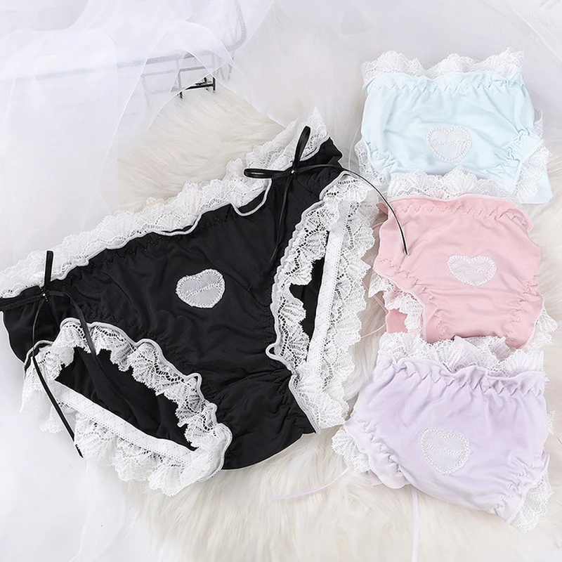 Lace Sexy Panties Love Heart Bow Solid Color Briefs for Women Girl Mid-waist Underpants Summer Thin Intimates Lingerie Underwear