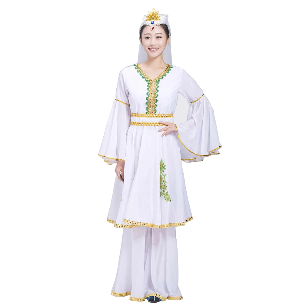 XinJiang Performance Stage Wear Uygur Clothing National Suit Female Adult Dance Costume White Elegant  dress