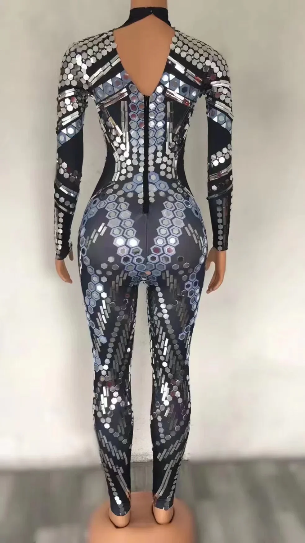 Zilveren Pailletten Spiegel Zwart Spandex Jumpsuit Vrouwen Prom Danseres Zangeres Kostuum Avond Verjaardag Show Leggings Outfit