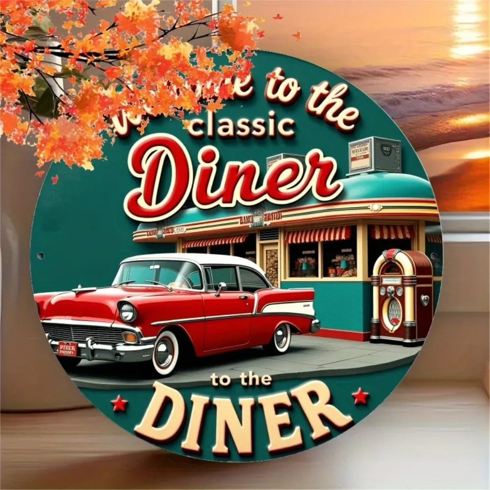 Mural de restaurante vintage con eslogan "Bienvenido al restaurante clásico": diseños de automóviles y restaurantes retro incluidos, perfecto f