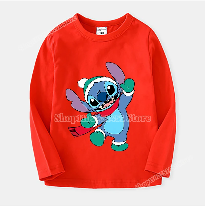 Disney Stitch Long Sleeve T-shirt for Kids Christmas cartoon Lilo Stich Print Kawaii Boy Girl Clothes Boutique Outfits Xmas Gift