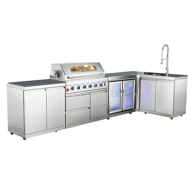 Stainless steel L-shaped cabinet combination hand wash tray double door refrigerator, smokeless barbecue grill