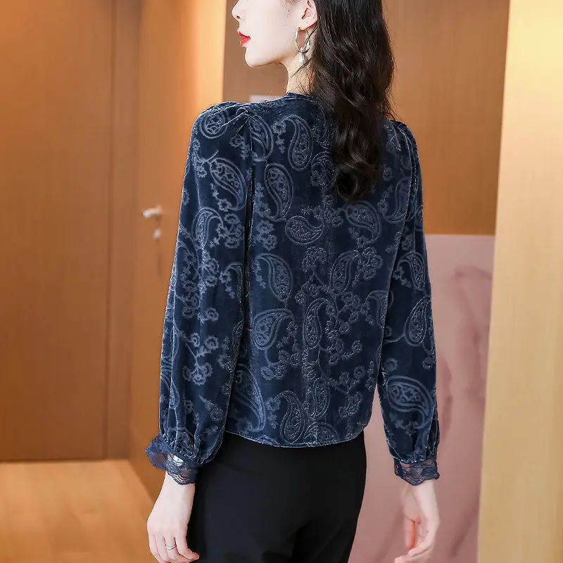 Women Blouse High-end Gold Velvet Jacket 2023 New Lace V-colorant Small Shirt Long-sleeved Foreign Slimming Small Shirt Clothing