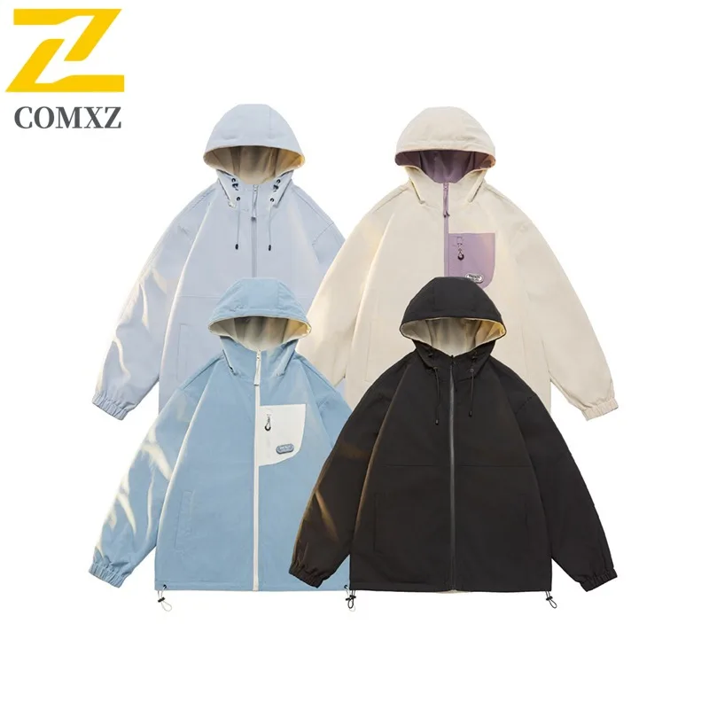 

COMXZ Men Jackets Casual Hooded Outdoor Camping Comfortable Fishing Clothing Splicing Design Travel Autumn New Windbreaker