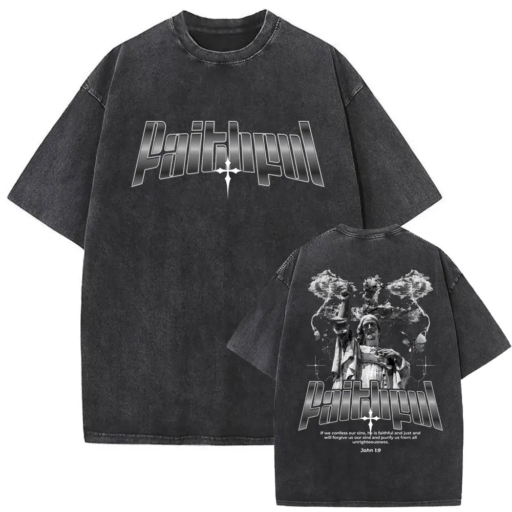 

Christian Religious Jesus Faithful Vintage Washed T-shirts Men Women Gothic Casual Cotton T Shirts Fashion Hip Hop Streetwear