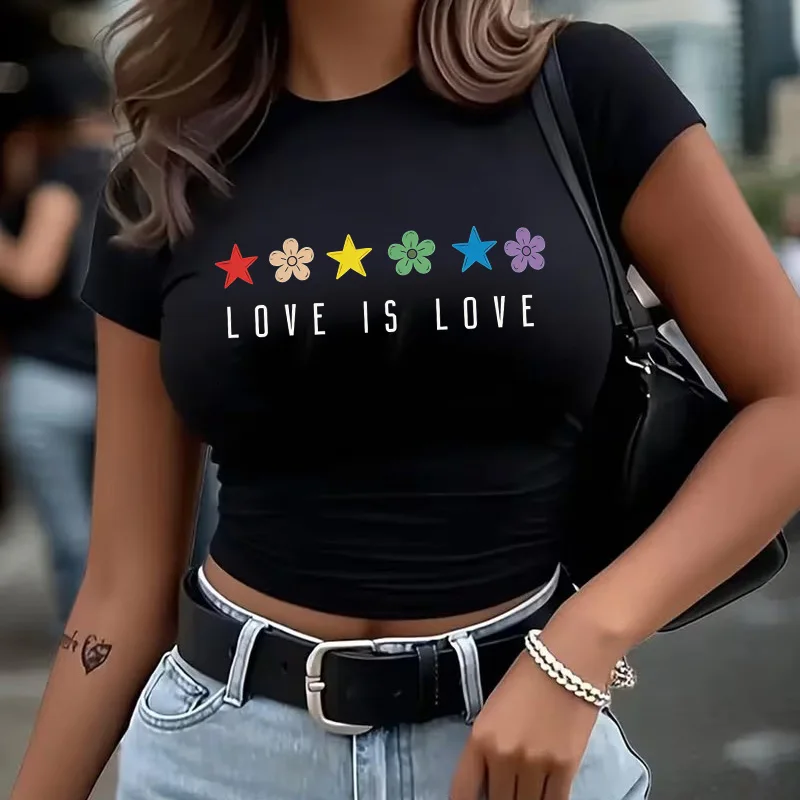 Damen Vibrant Pride Buchstaben-Liebes-Print Sommer Crop-T-Shirt Grafik Y2K Crop-Tops für Frauen 90er Sexy T-Shirt Kleidung Damen