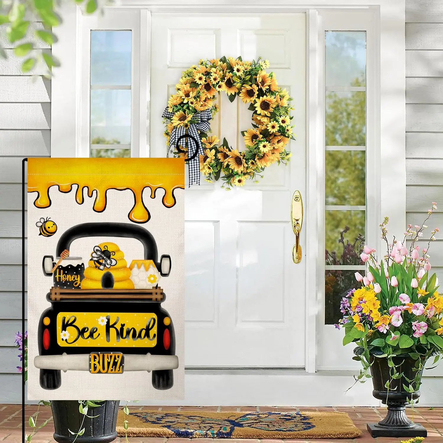 BLKWHT Summer Bee Kind Garden Flag 12x18 Vertical Double Sided Honey Truck Welcome Spring Farmhouse Holiday Outside Decorations