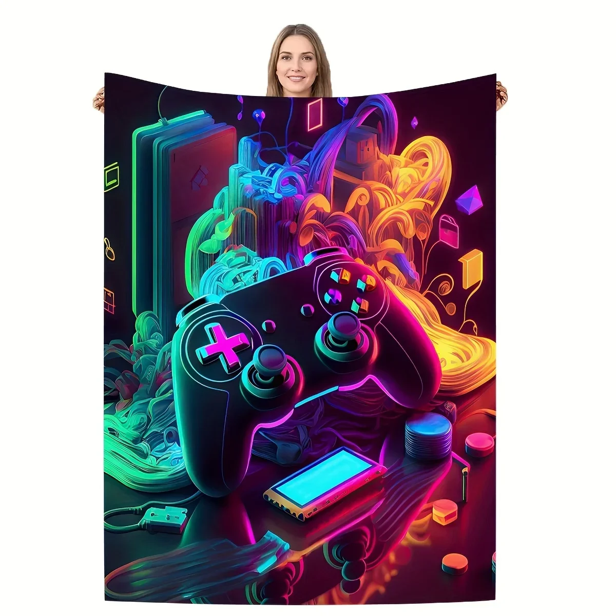 1pc Cool Gamepad Flannel Printed Blanket Contemporary Style Soft And Comfortable Blankets Travel Sofa Bed Office Home Decor Gift