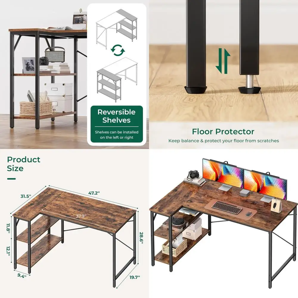 مكتب كمبيوتر على شكل حرف L بني ريفي مع أرفف قابلة للعكس للمكتب المنزلي والألعاب والدراسة