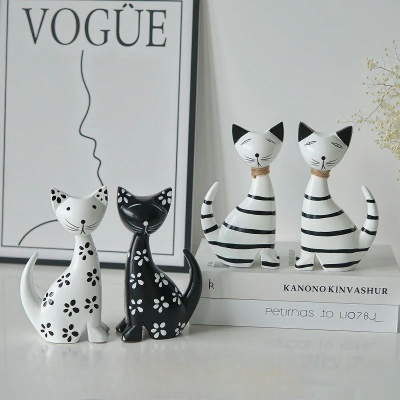 2 PCS Set Nordic Minimalist Wood Black White Stripe Twin Cat Figurine Set Shop Adorable Feline Desk Decor Wooden Animal Ornament