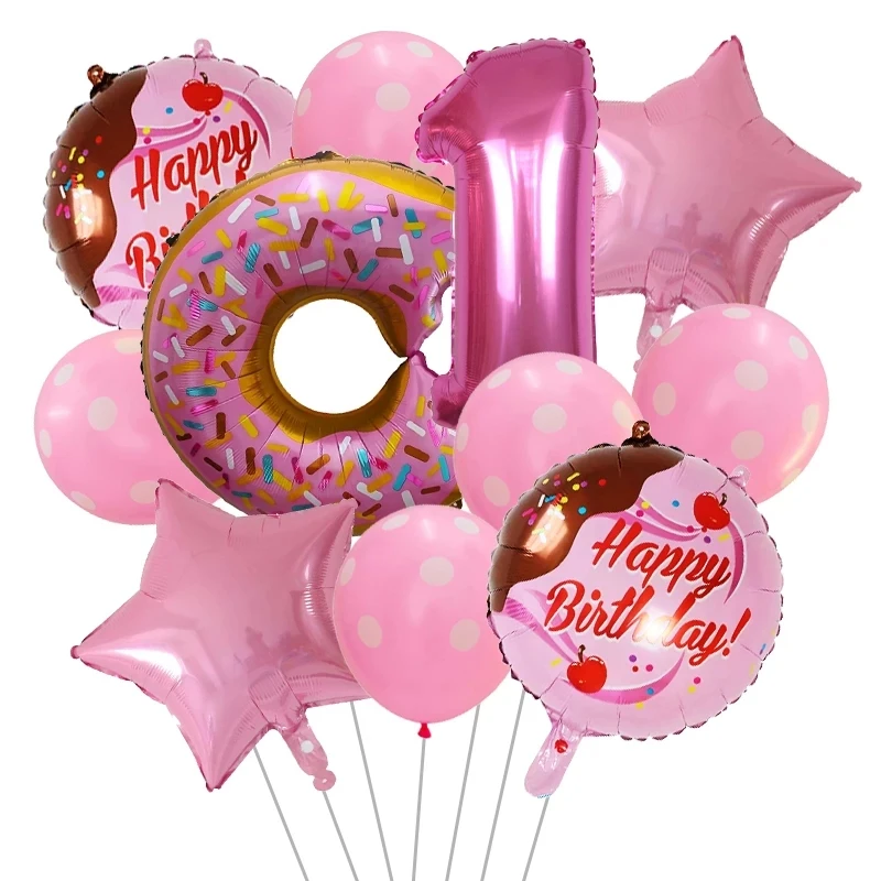 11pcs Kids Adult Donut Candy Foil Ballons Birthday Party Decorations Pink Number Children\'s Day Girls Baby Shower Party Supplies