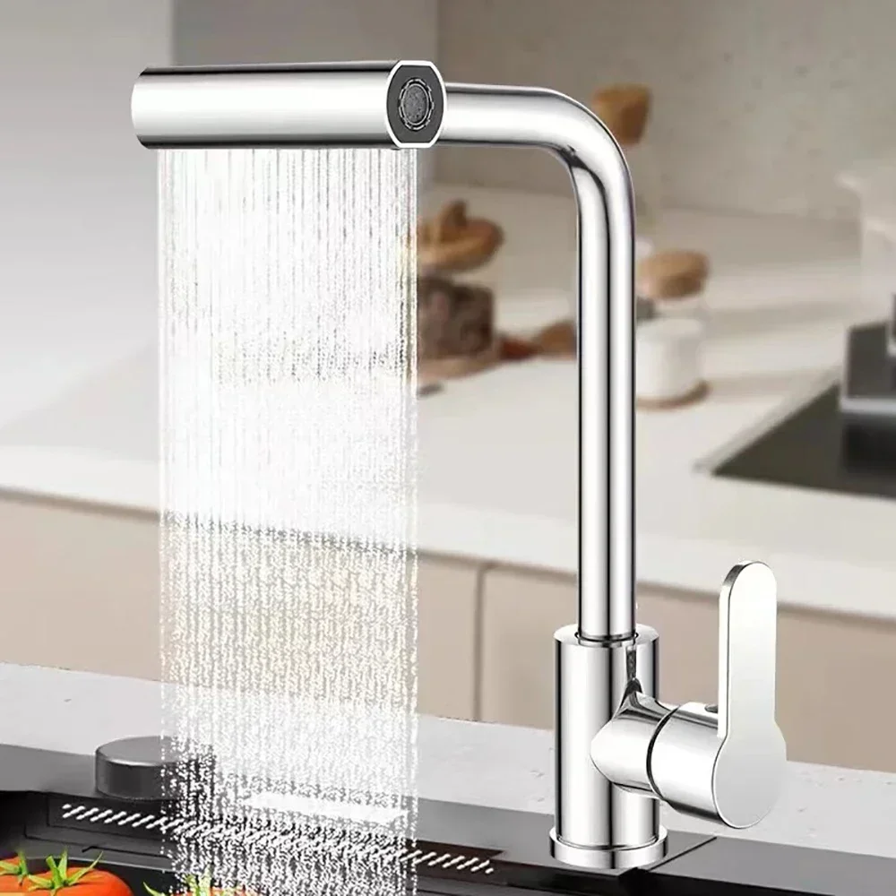 Kitchen Cold and Hot Faucet 4 Modes Waterfall Sink Single Hole Tap Deck Mounted Universal 360° Rotation Sink Basin Faucet