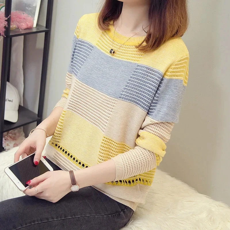 2023 New Sweater Women Purple Striped Stripes Pullover Thin Knitting Korean Version Loose Hook Hollow Jumper Casual Top