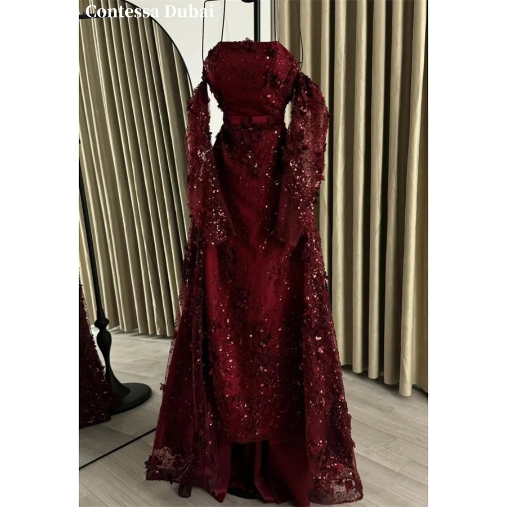 Contessa Custom Burgundy 3D Floral Evening Dress Sequin Waistband Prom Dresses Elegant Vestidos De Noche MeshFormal Evening