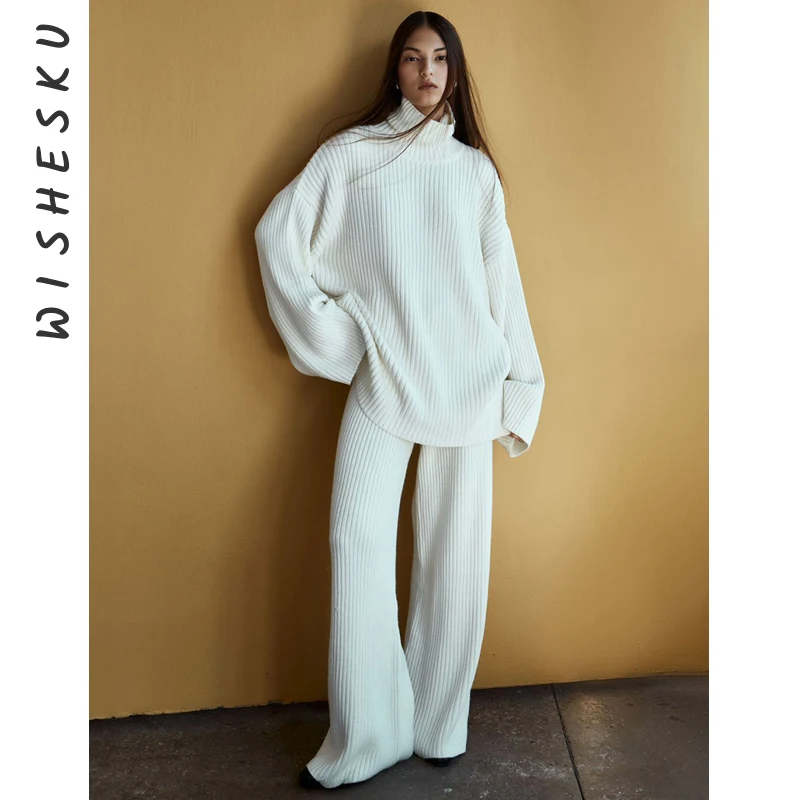 

Весенне-осенний вязаный комплект из двух предметов, женский повседневный пуловер с высоким воротником, свитер + широкие брюки с высокой талией, модная женская одежда